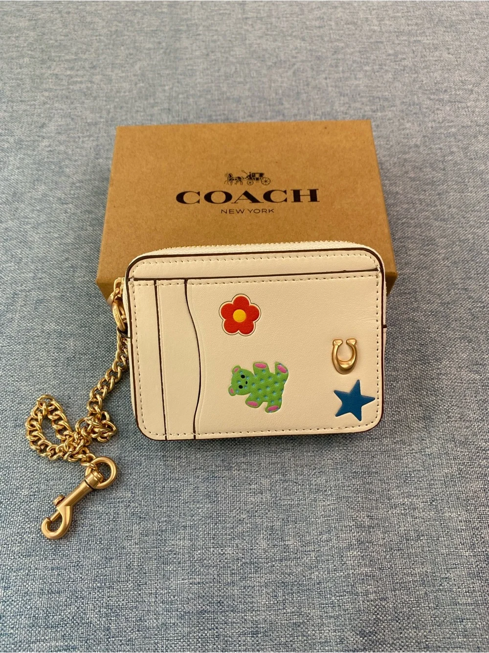 Coach Cream Card Holder with Gold Chain and Playful Charms